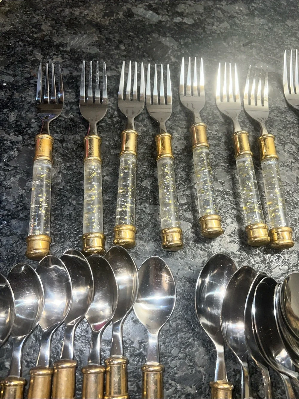 34 pieces MCM Stainless Lucite Handle with Gold Accent Flatware Set -